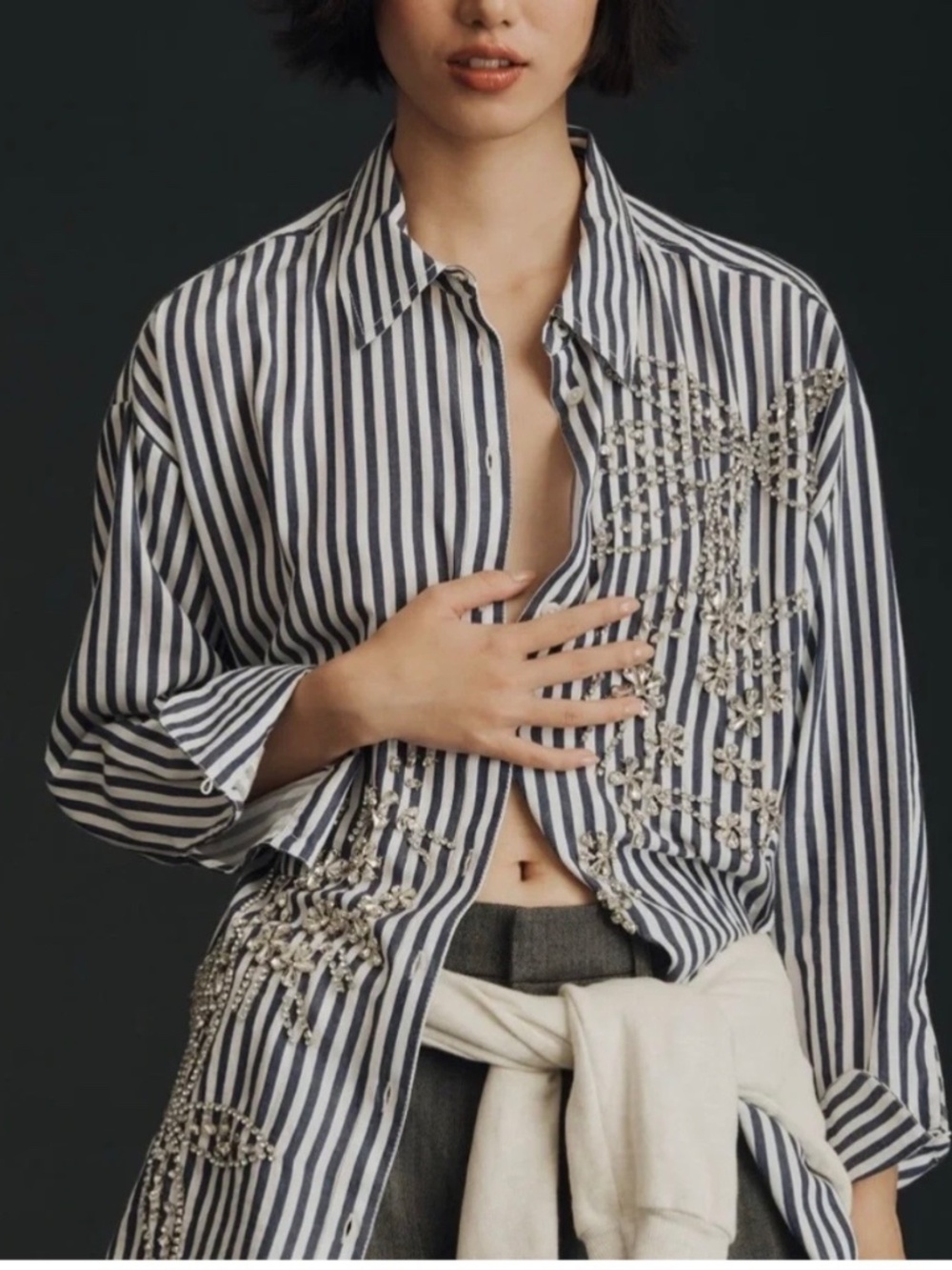 ANTHROPOLOGIE MAEVE Navy White Stripe Bennet Button Down Crystal Embellishment S